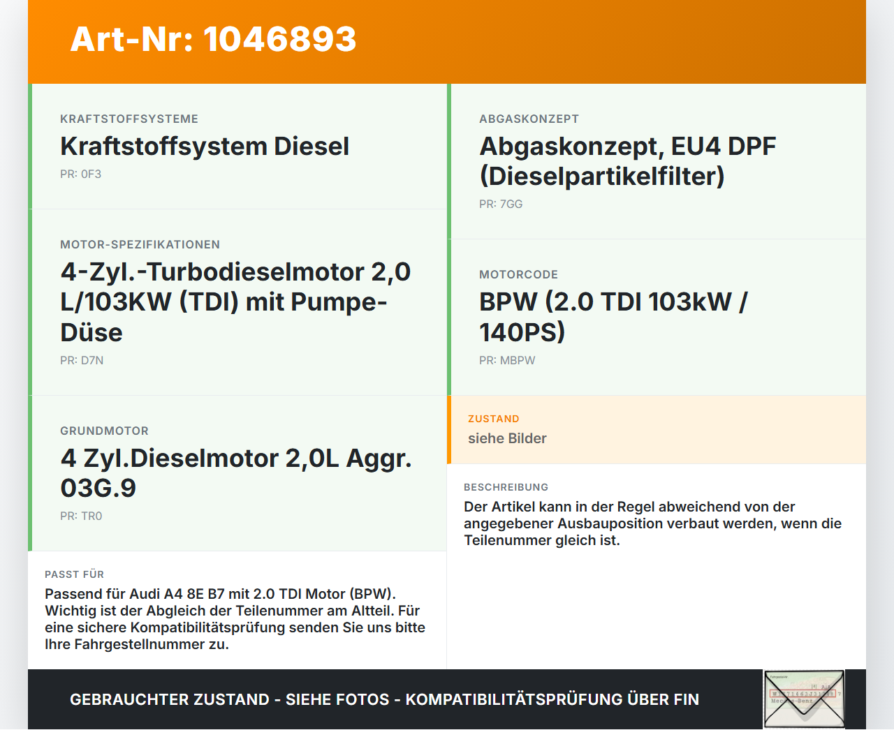 Audi A4 8E B7 04-08 TDI 2,0 103KW Injektor Einspritzdüse PumpeDüse Zyl.3 Audi A4 8E B7 04-08 12.07.2006 038130073BJ... Vorschau 3