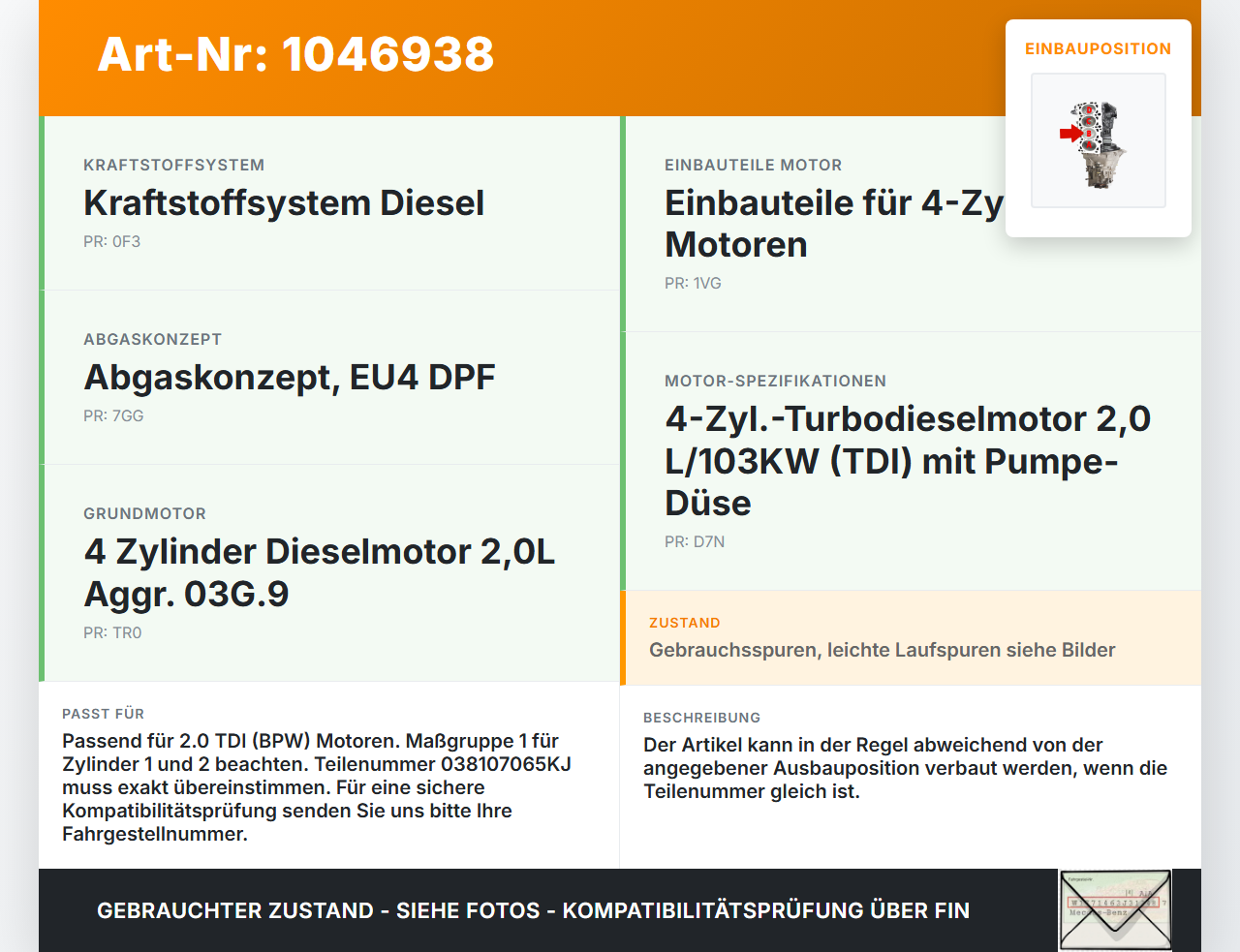 Audi A4 8E B7 04-08 TDI 2,0 103KW BPW Kolben mit Pleuel Pos B Audi A4 8E B7 04-08 12.07.2006 038107065KJ... Vorschau 3
