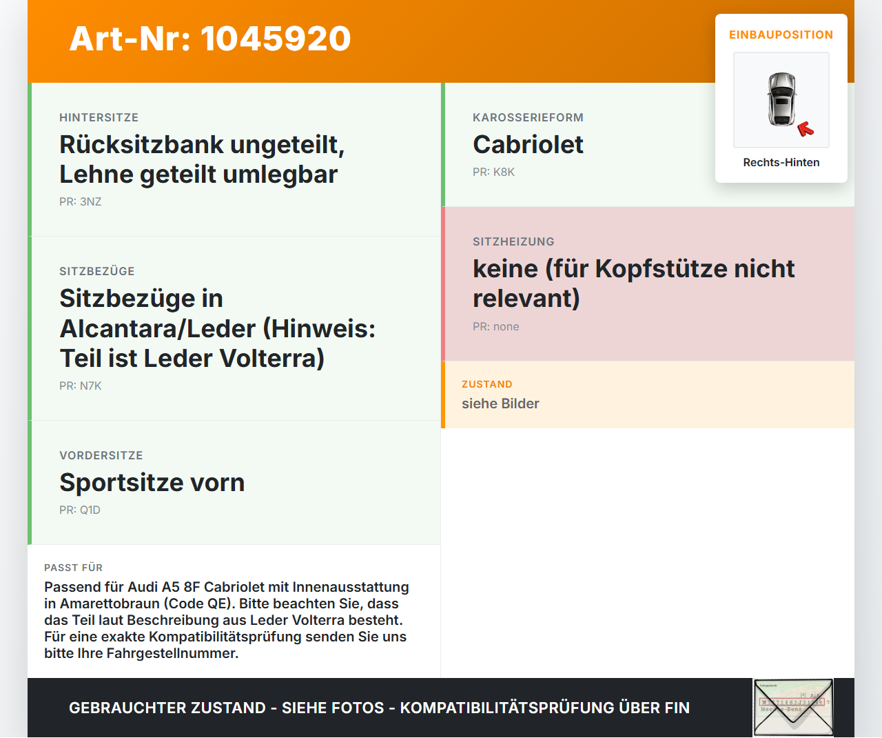 Audi A5 8F Cabrio 09-12 Kopfstütze Rechts Hinten Leder Volterra amarettobraun Audi A5 8F Cabrio 09-12 25.08.2011... Vorschau 3