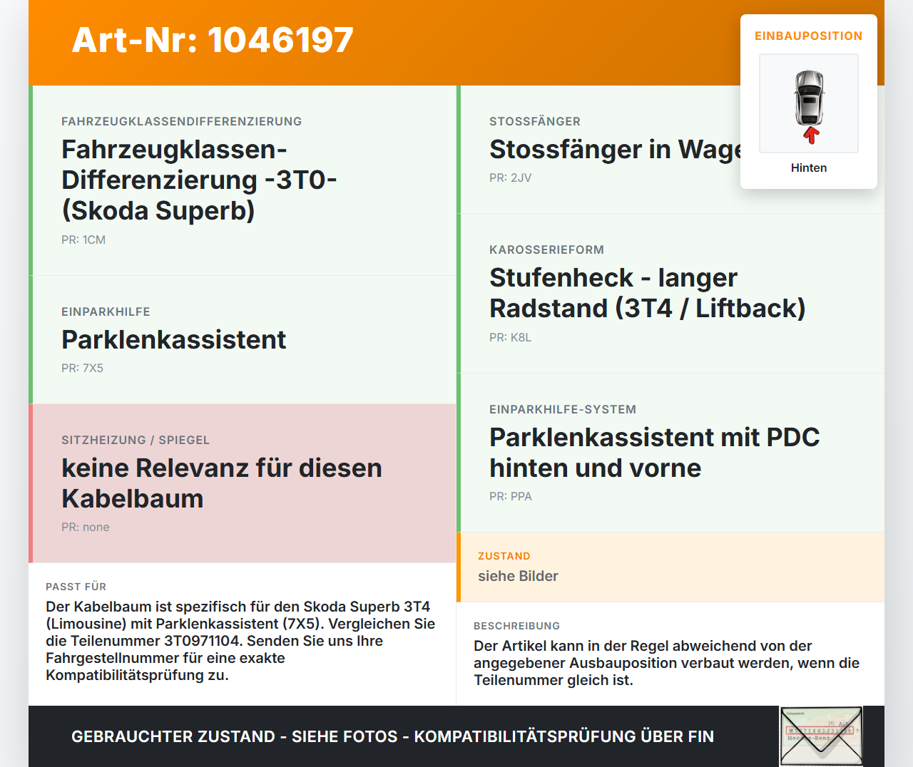 Skoda Superb 3T4 08-13 PDCs Einparkhilfe Kabelbaum Pos.1 Hinten Skoda Superb 3T4 08-13 20.06.2008 3T0971104 gebraucht Vorschau 3