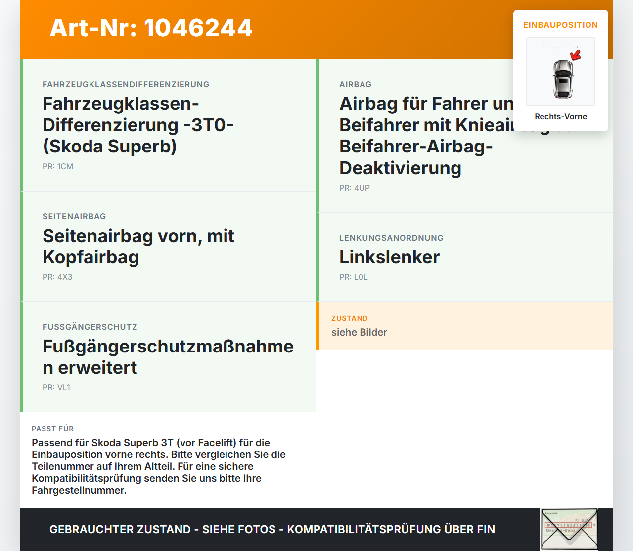 Skoda Superb 3T4 08-13 Airbagsensor Crashsensor Sensor Rechts Vorne Skoda Superb 3T4 08-13 20.06.2008 5N0959354... Vorschau 3