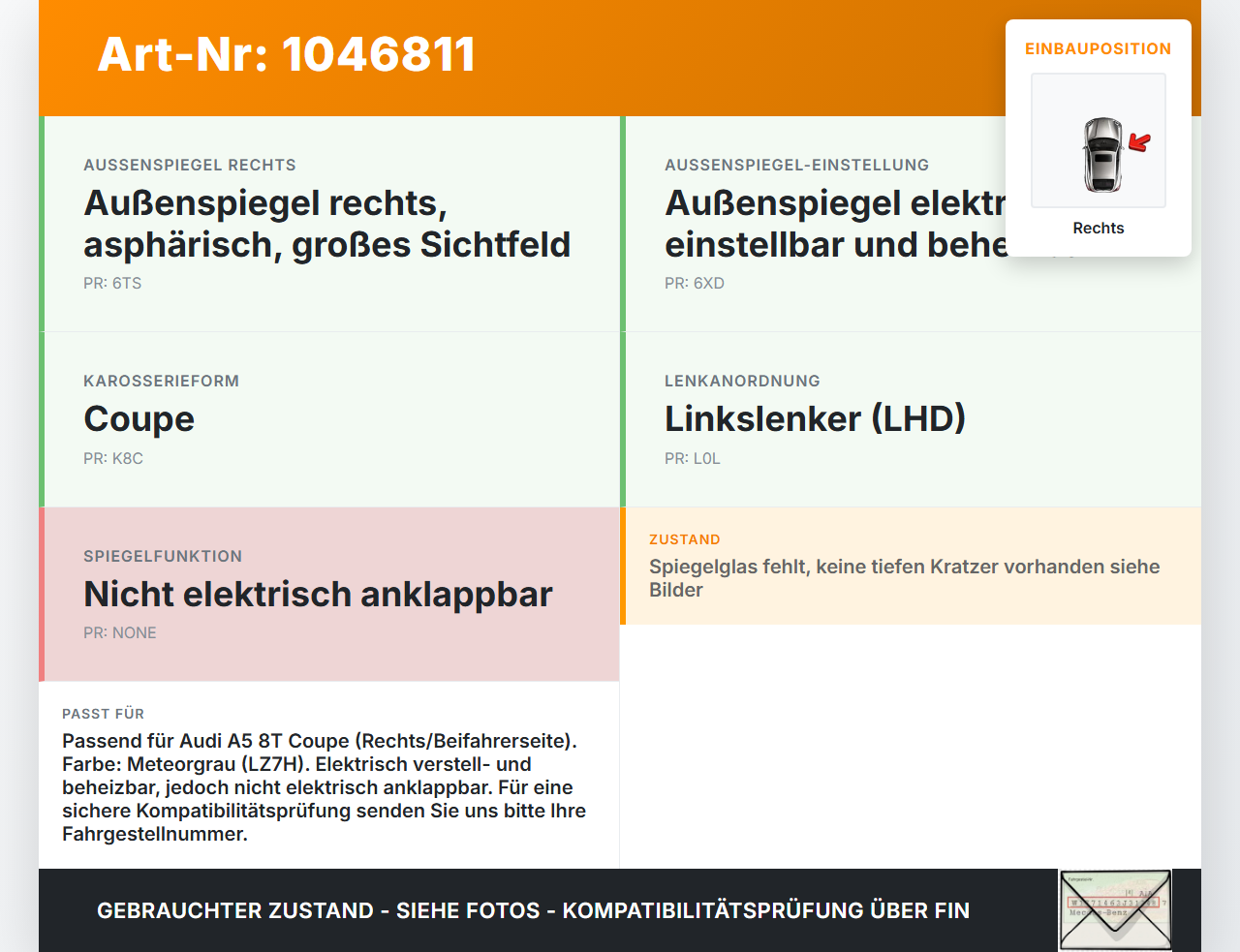 Audi A5 8T S-Line 07-12 Spiegel Aussenspiegel Rechts Elektrochrom LZ7H Audi A5 8T S-Line 07-12 24.06.2009... Vorschau 3