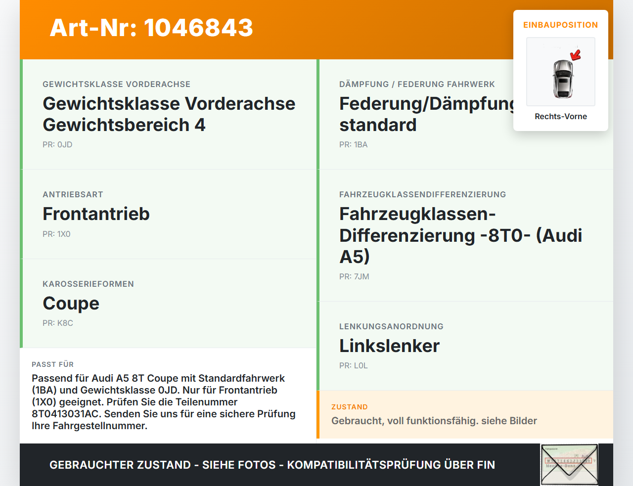 Audi A5 8T S-Line 07-12 Coupe Stossdämpfer Federbein Vorne Rechts Audi A5 8T S-Line 07-12 24.06.2009 8T0413031AC... Vorschau 3
