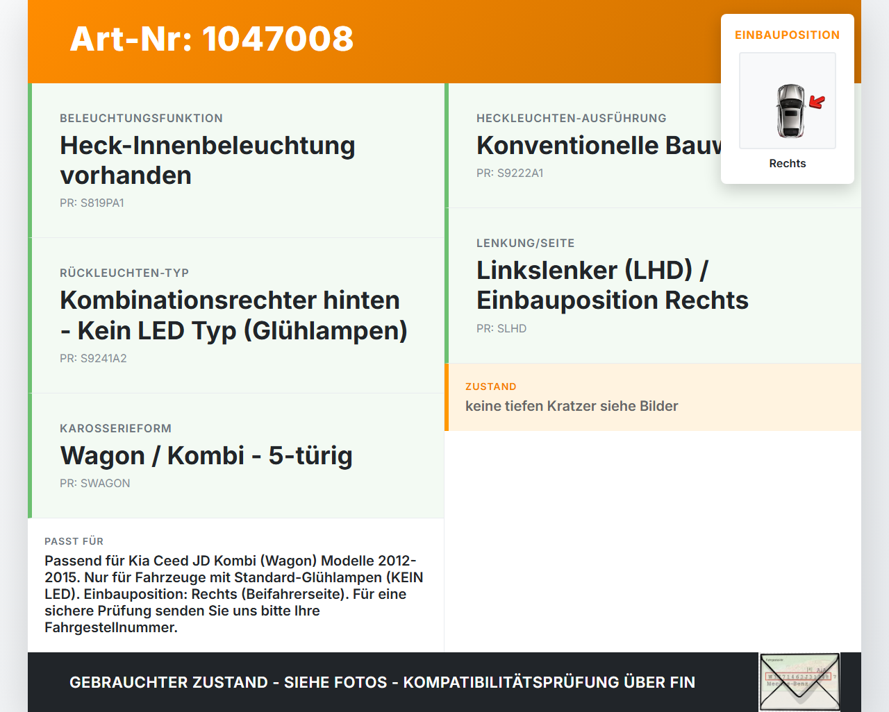 Kia Ceed JD 12-15 Lim Rückleuchte Rücklicht Heckleuchte Rechts orig Kia Ceed JD 12-15 28.03.2013 92402A2000 gebraucht Vorschau 3