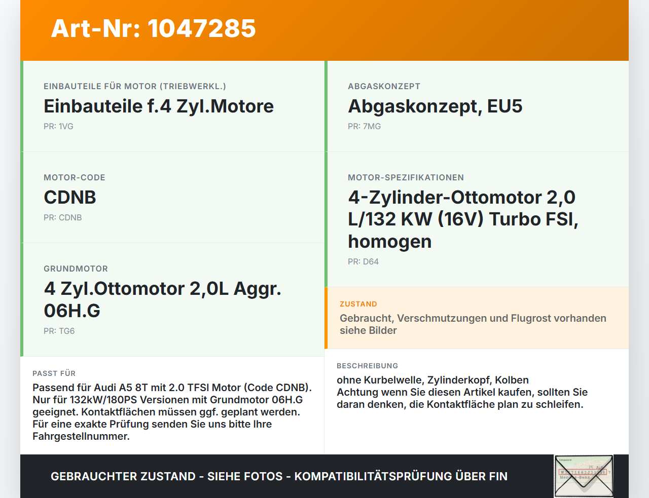 Audi A5 8T S-Line 07-12 2,0 132KW CDNB Motorblock für Motor Audi A5 8T S-Line 07-12 24.06.2009 06H103011AP gebraucht Vorschau 3