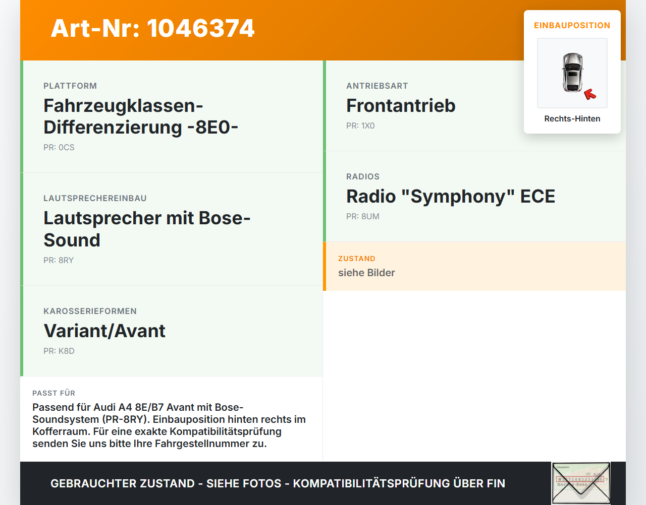 Audi A4 8E B7 04-08 Kombi Lautsprecher Rechts Hinten Orig. Bose für Kofferraum Audi A4 8E B7 04-08 12.07.2006... Vorschau 3