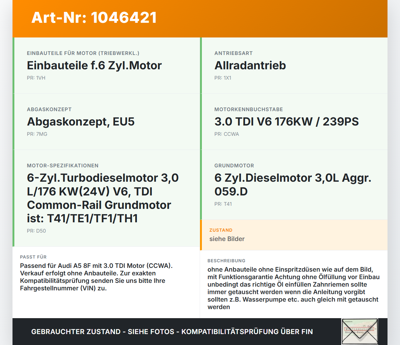 Audi A5 8F Cabrio 09-12 TDI 3,0 176KW CCWA Motor Triebwerk Audi A5 8F Cabrio 09-12 25.08.2011 059103173AC gebraucht Vorschau 3