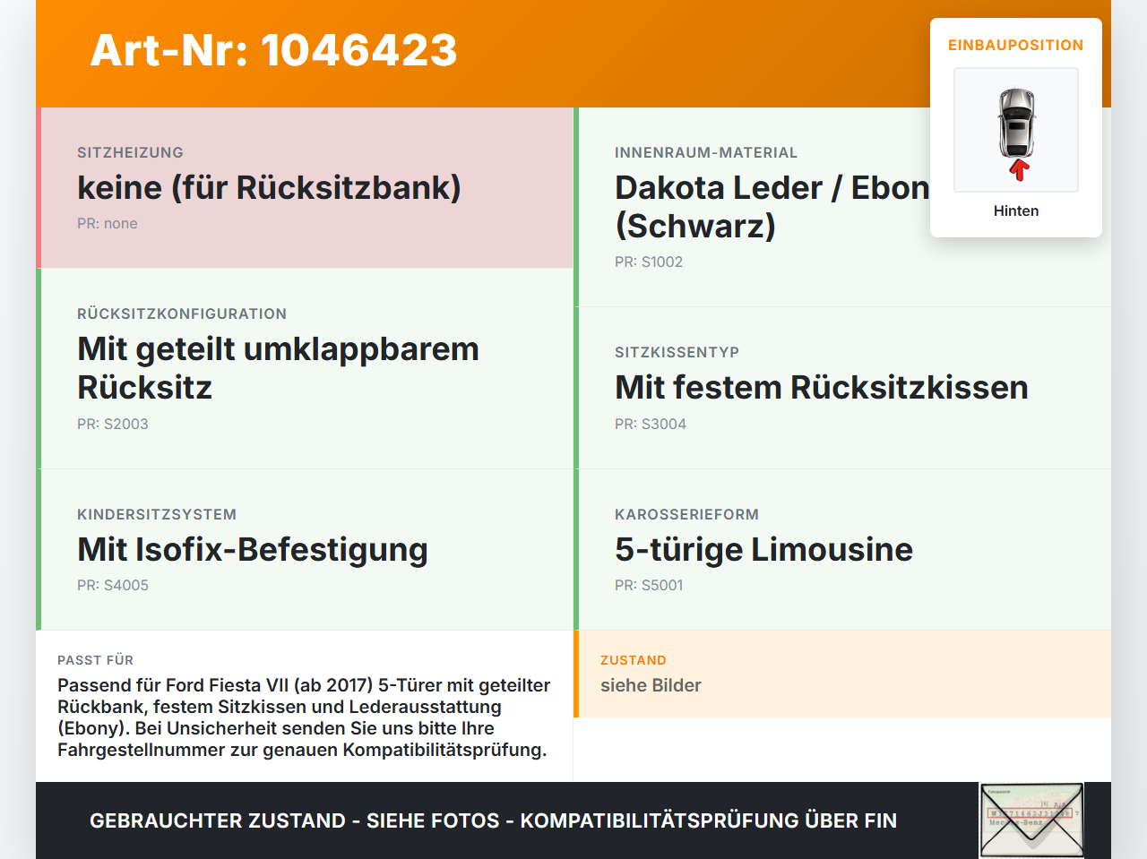 Ford Fiesta VII 17-21 5T Sitzpolster für Rücksitzbank Hinten Dakota Leder Schwarz Ford Fiesta VII 17-21 12.07.2017... Vorschau 3