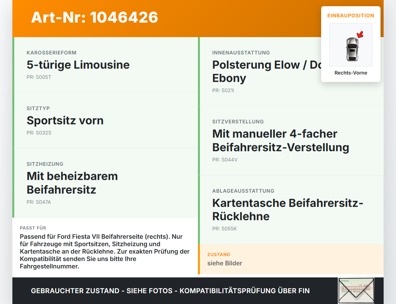 Ford Fiesta VII 17-21 Rückenpolster Rechts Vorne für Beifahrer beheizt Ford Fiesta VII 17-21 12.07.2017 gebraucht Vorschau 3