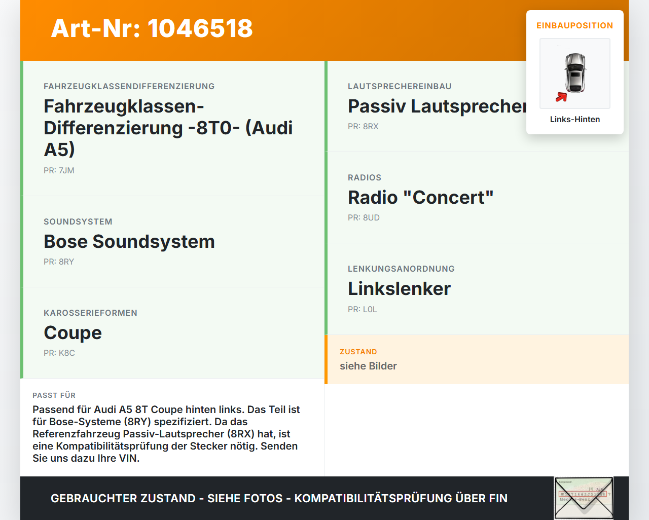 Audi A5 8T S-Line 07-12 Lautsprecher Links Hinten Bose Audi A5 8T S-Line 07-12 24.06.2009 gebraucht Vorschau 3