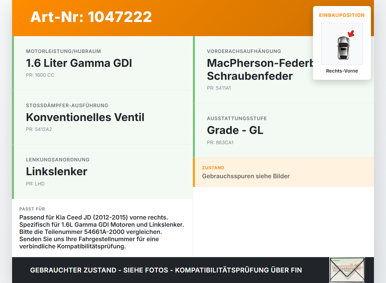 Kia Ceed JD 12-15 Lim Federbein Stossdämpfer Vorne Rechts Kia Ceed JD 12-15 28.03.2013 54661A-2000 gebraucht Vorschau 3