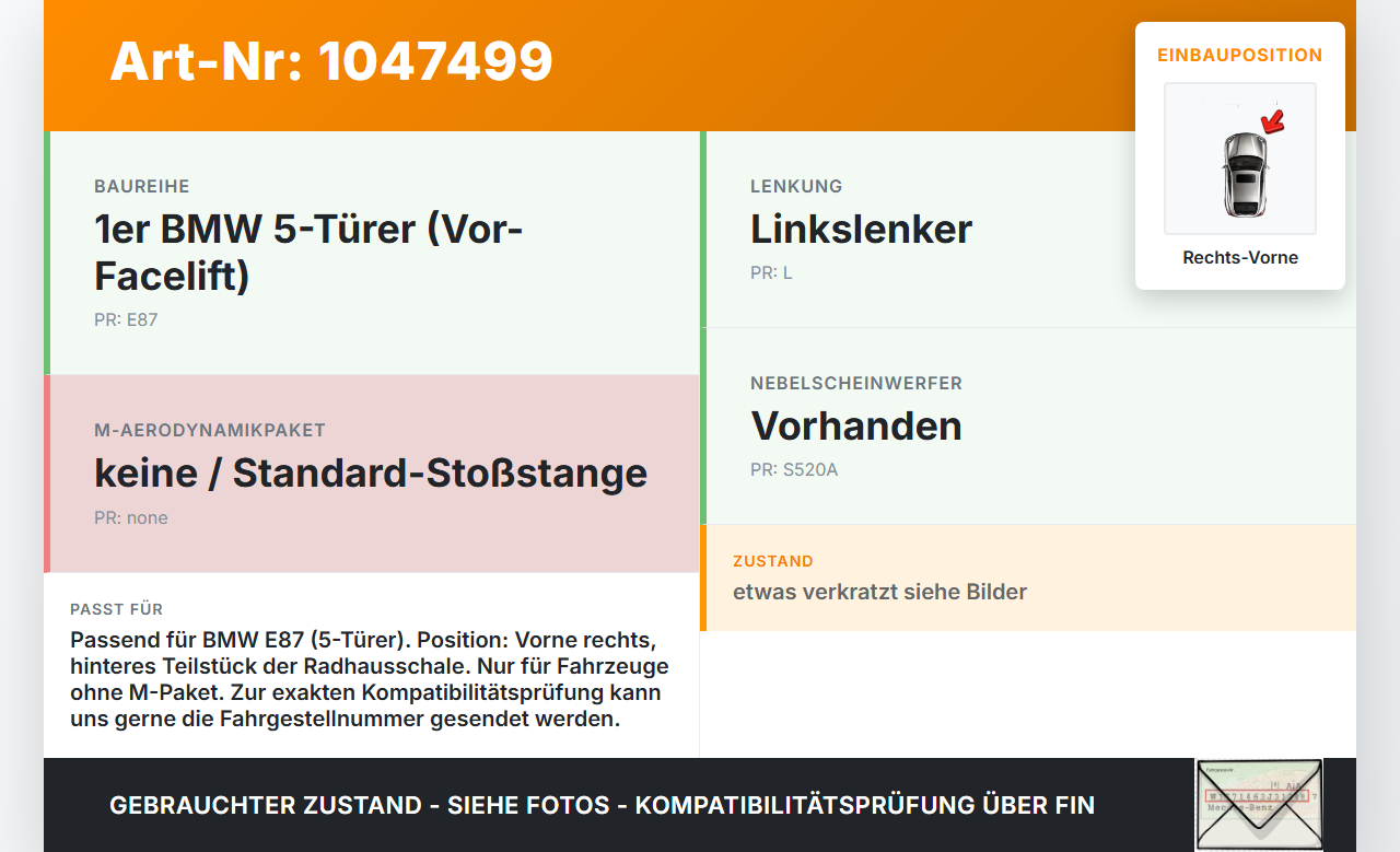 BMW E87 1er 116i 04-07 Kotflügel Verkleidung Radhausschale Rechts Vorne Hinterstück BMW E87 1er 116i 04-07... Vorschau 3