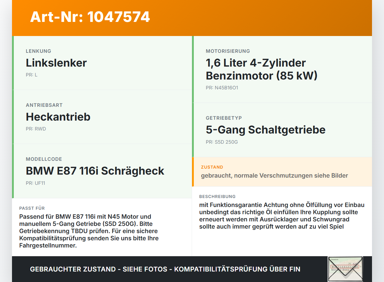 BMW E87 1er 116i 04-07 1,6i 85KW S5D 250G Schaltgetriebe Getriebe S5D 250G - TBDU BMW E87 1er 116i 04-07 28.09.2005... Vorschau 3