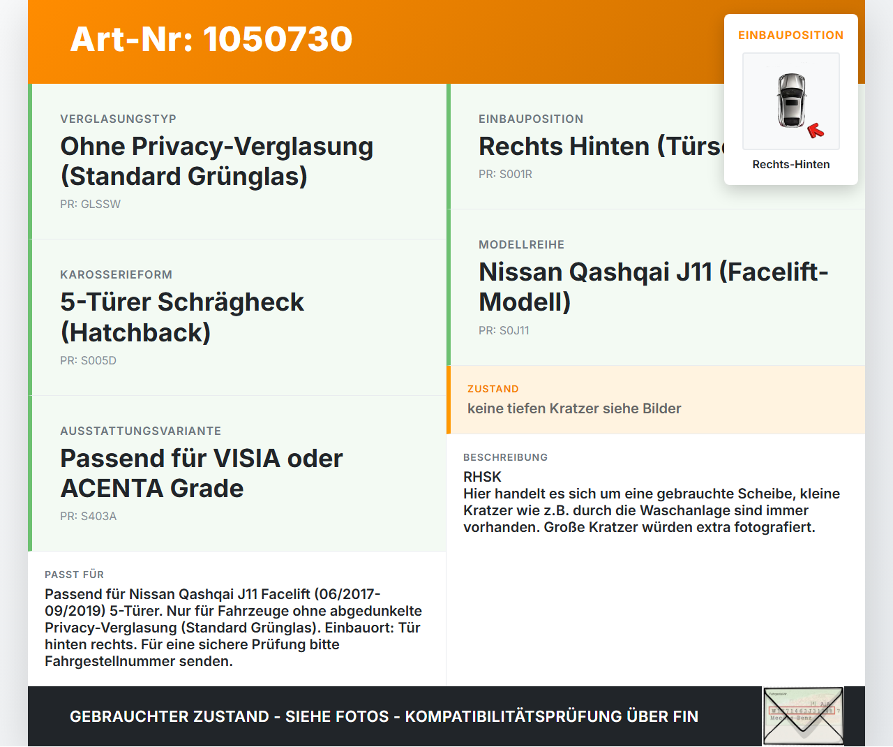 Nissan Qashqai II J11 17-21 Seitenscheibe Karossen Türscheibe Scheibe Rechts Hinten Nissan Qashqai II J11 17-21... Vorschau 3