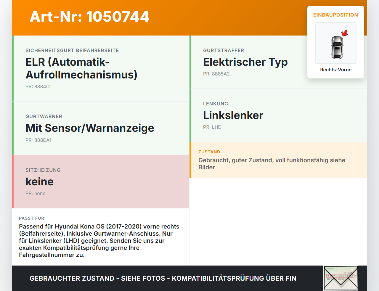Hyundai Kona OS 17-20 Gurtschloss Rechts Vorne Hyundai Kona OS 17-20 03.08.2018 88830J9300TRY gebraucht Vorschau 3