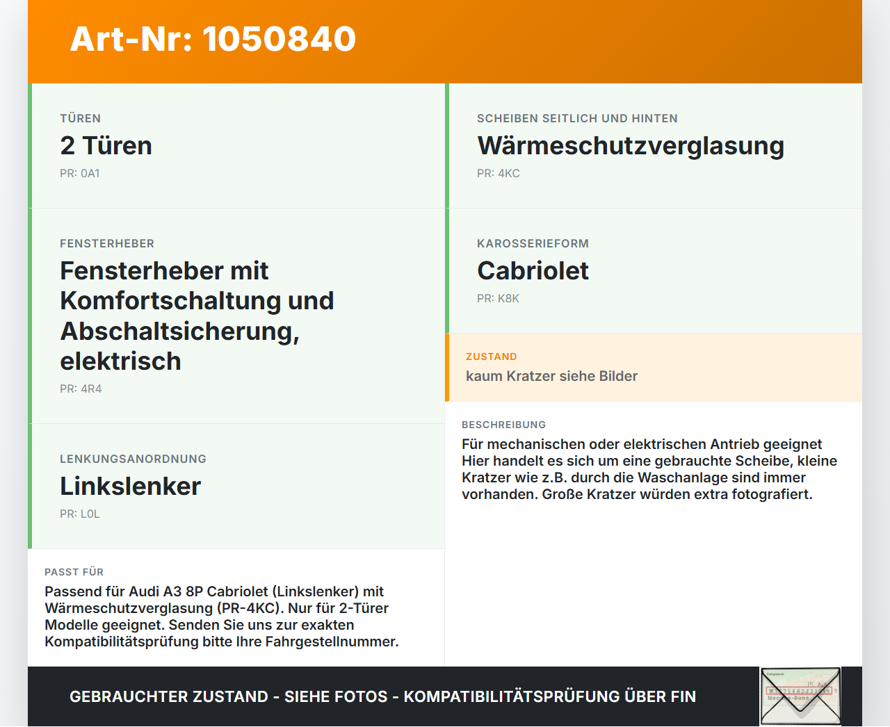 Audi A3 8P 08-13 Cabrio LVK Seitenscheibe Tür Fenster Türscheibe Li. Vo. Audi A3 8P 08-13 13.05.2008 8P7845201... Vorschau 3