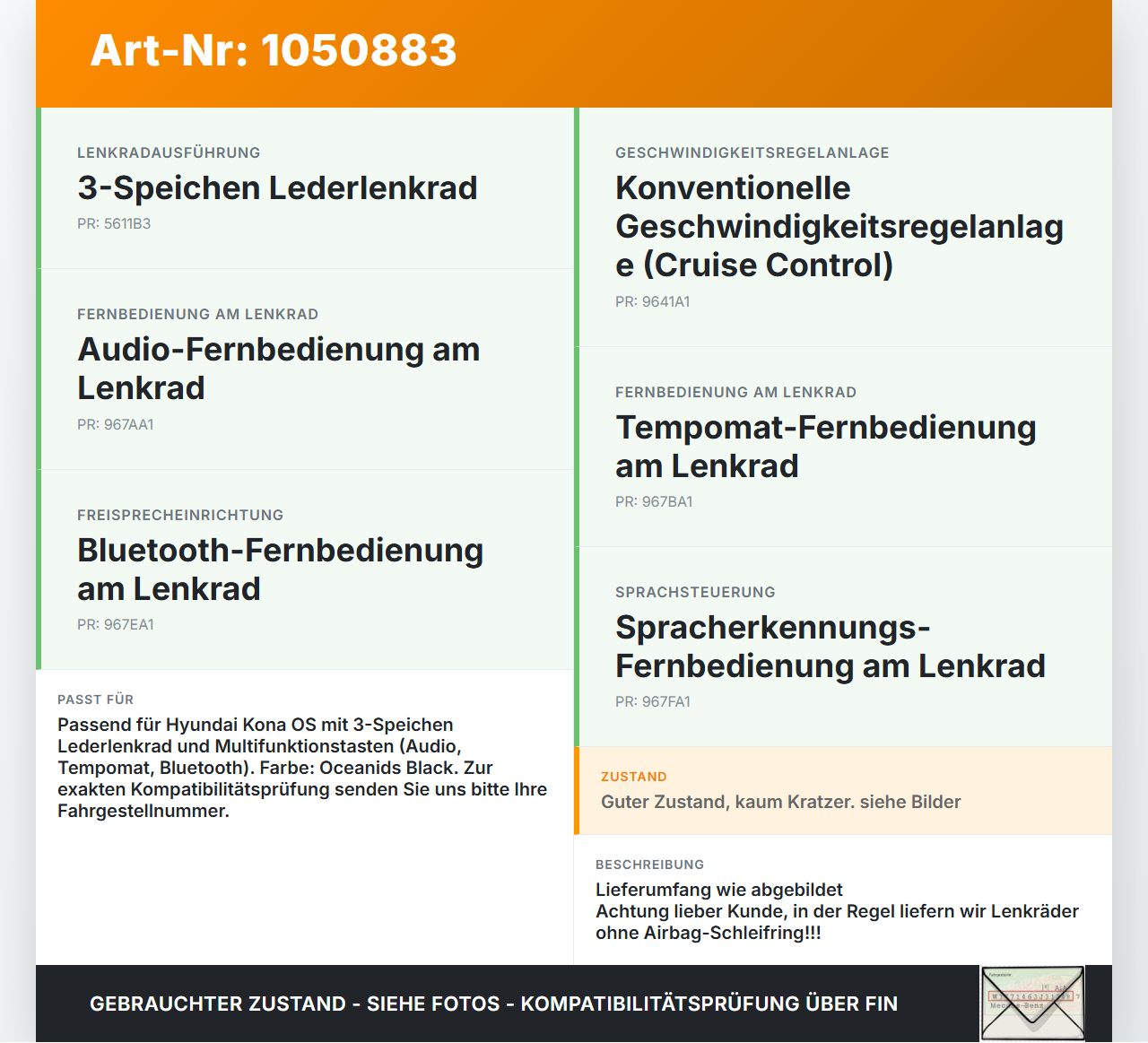 Hyundai Kona OS 17-20 Lenkrad ohne Airbag Leder Hyundai Kona OS 17-20 03.08.2018 56110J9390UN5 gebraucht Vorschau 3