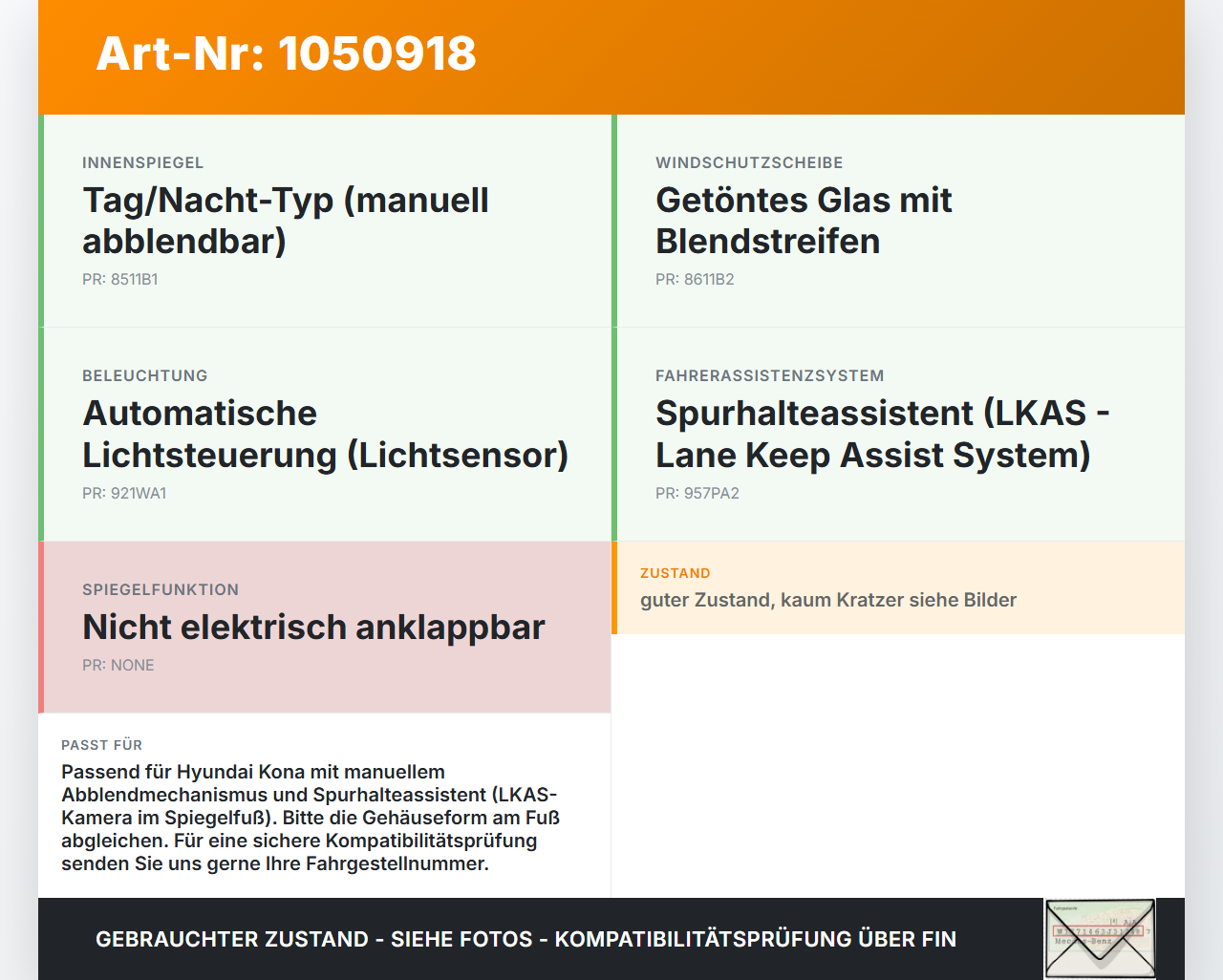 Hyundai Kona OS 17-20 Innenspiegel Rückspiegel Spiegel Innen Hyundai Kona OS 17-20 03.08.2018 85103A9000 012143... Vorschau 3