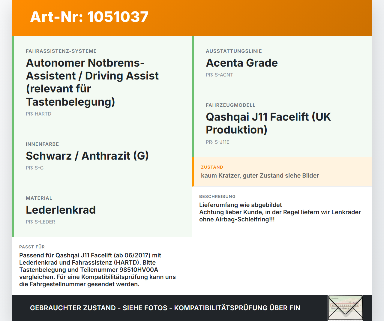 Nissan Qashqai II J11 17-21 Lenkrad Airbaglenkrad Leder Nissan Qashqai II J11 17-21 01.06.2017 34256336C 98510HV00A... Vorschau 3