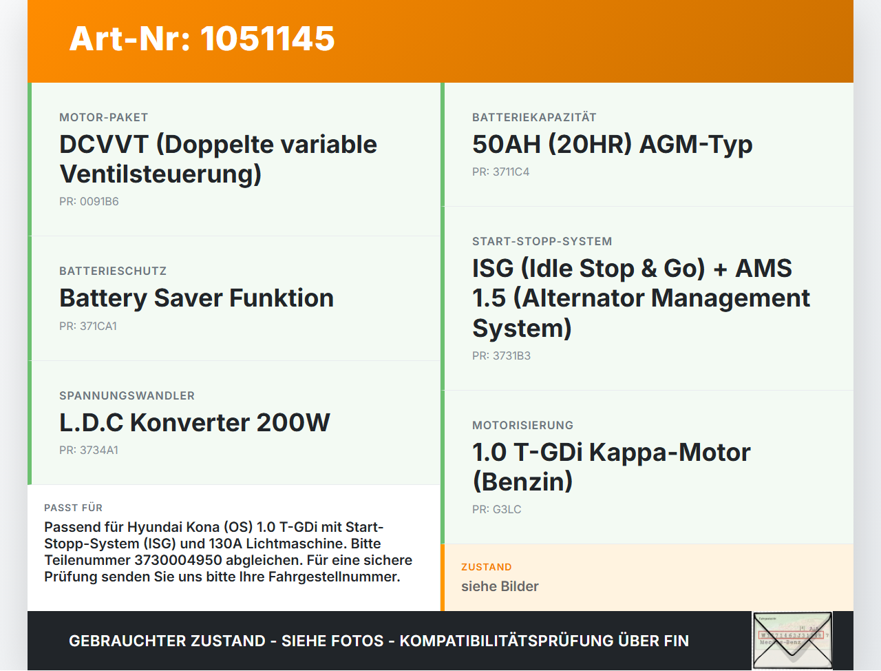 Hyundai Kona OS 17-20 T-GDi 1,0 88KW Lichtmaschine Generator 130A Hyundai Kona OS 17-20 03.08.2018 3730004950... Vorschau 3
