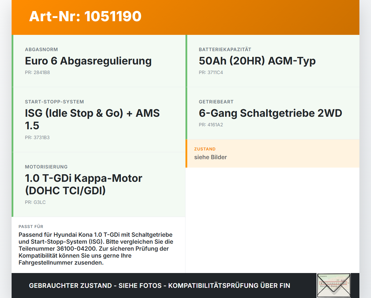 Hyundai Kona OS 17-20 T-GDi 1,0 88KW Anlasser Starter Hyundai Kona OS 17-20 03.08.2018 3610004200 36100-04200 gebraucht Vorschau 3