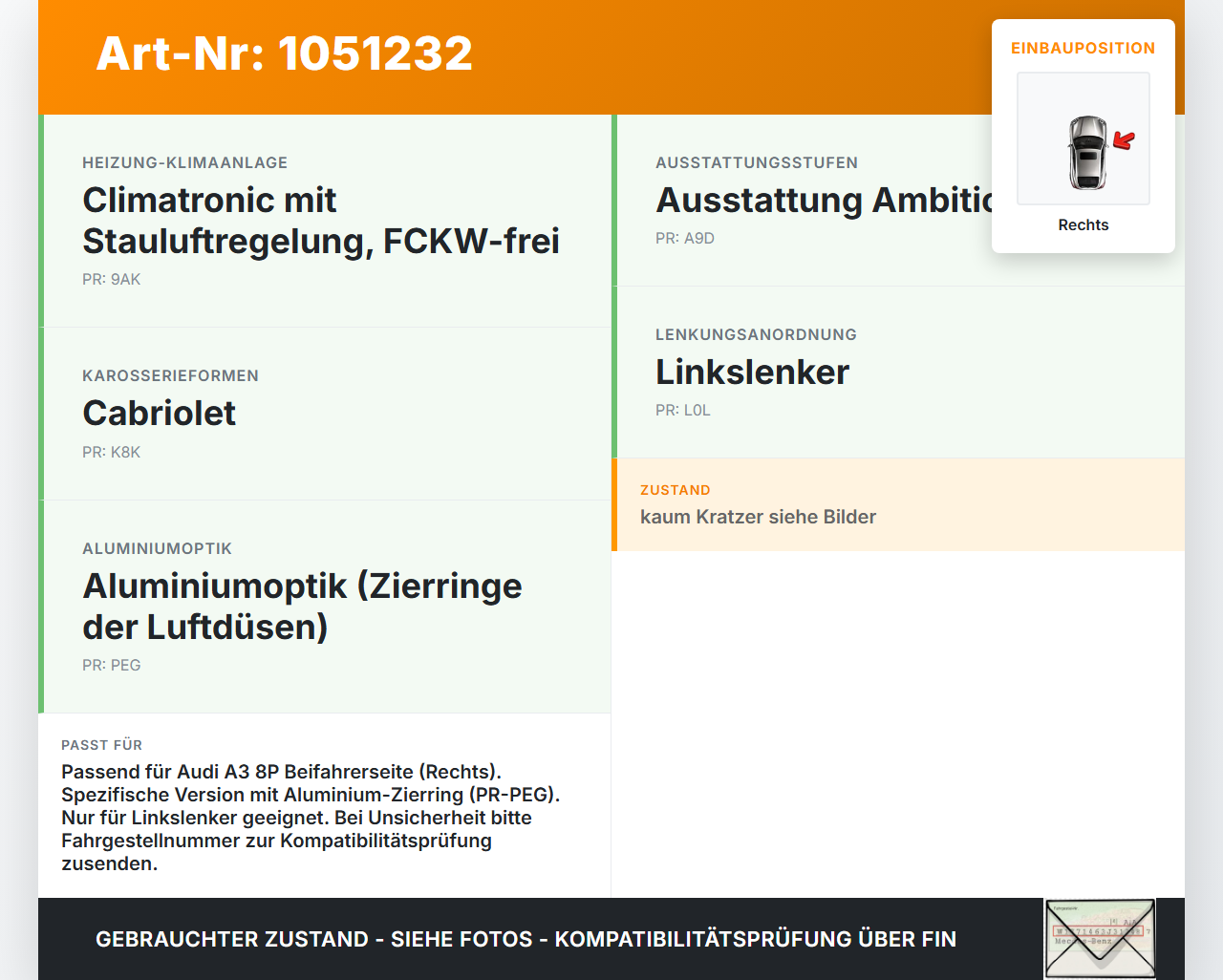 Audi A3 8P 08-13 Luftdusche Luftdüse Rechts Audi A3 8P 08-13 13.05.2008 8P0819794B gebraucht Vorschau 3