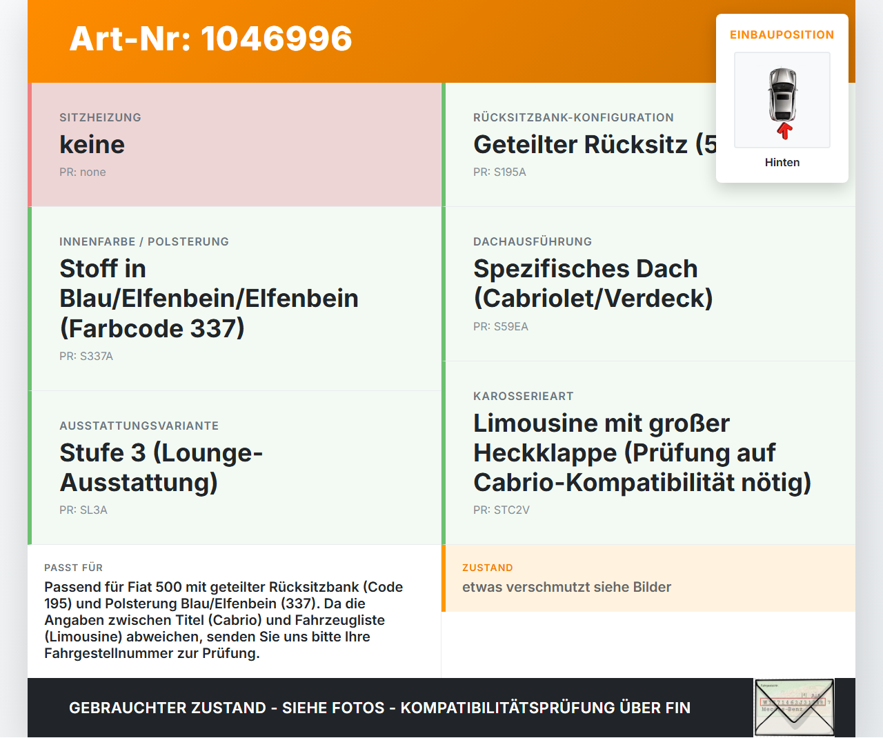 Fiat 500 595 Abarth 12-24 Cabrio Sitzbezug Sitzpolster für Rücksitzbank Hinten Fiat 500 595 Abarth 12-24 26.11.2011... Vorschau 3