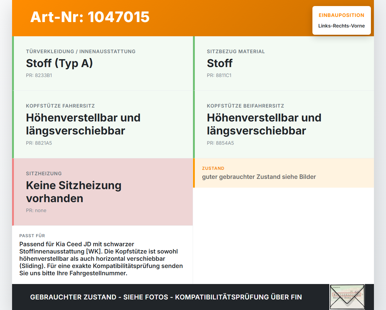 Kia Ceed JD 12-15 Lim Kopfstütze für Beifahrer Sitz Rechts oder Links Vorne Kia Ceed JD 12-15 28.03.2013 gebraucht Vorschau 3