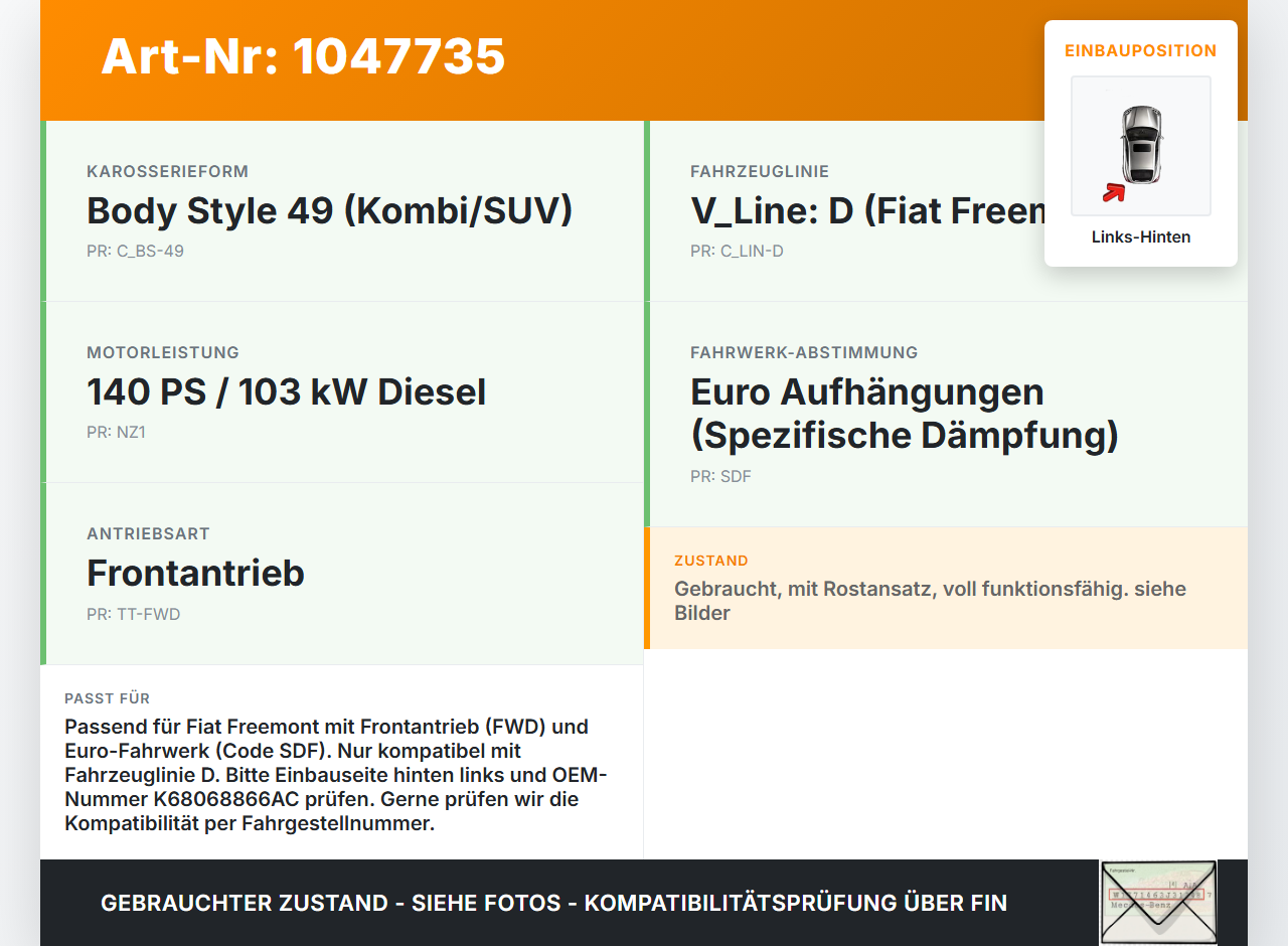 Fiat Freemont 11-16 Kombi Stossdämpfer Federbein Hinten Links Fiat Freemont 11-16 05.01.2012  K68068866AC gebraucht Vorschau 3