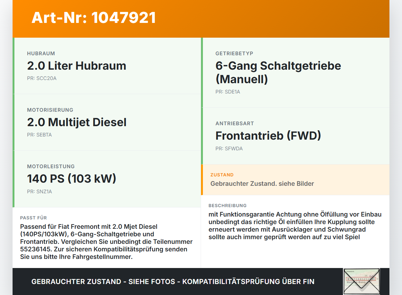 Fiat Freemont 11-16 Mjet 2,0DS 103KW DE1 Schaltgetriebe Getriebe Fiat Freemont 11-16 05.01.2012  55236145 gebraucht Vorschau 3