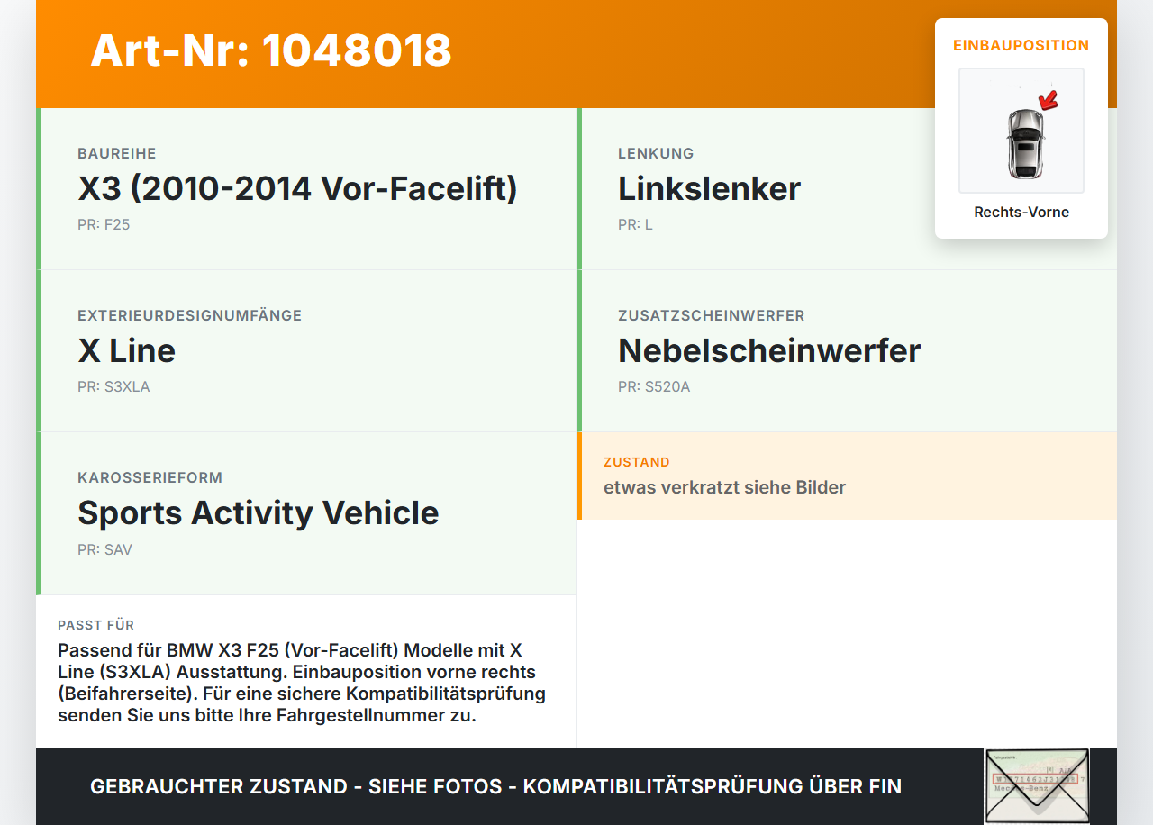 BMW X3 F25 10-14 Verkleidung Radhausschale Rechts Vorne für Kotflügel BMW X3 F25 10-14 20.03.2012 7213642... Vorschau 3