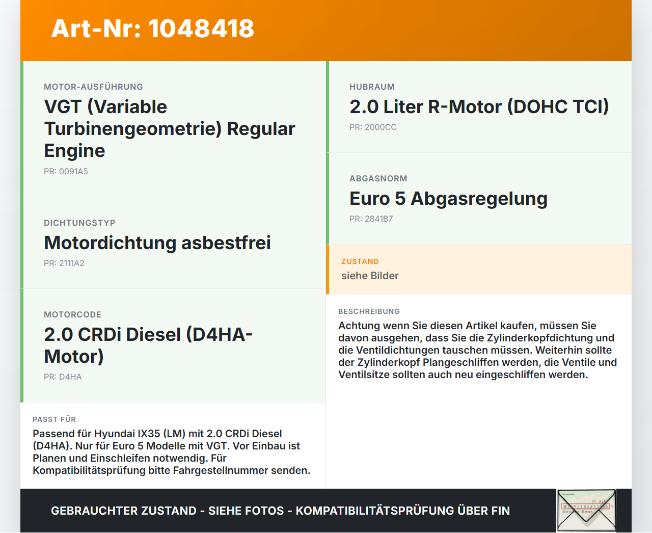 Hyundai IX35 LM 09-13 CRDI 2,0  D4HA Zylinderkopf wie abgebildet Hyundai IX35 LM 09-13 16.03.2012 221002F000 gebraucht Vorschau 3