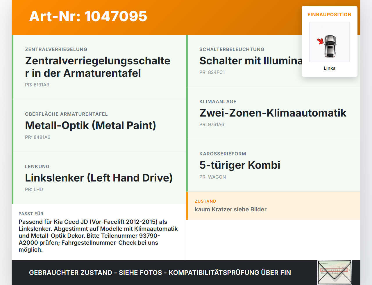 Kia Ceed JD 12-15 Warnblinkschalter Schalter Kia Ceed JD 12-15 28.03.2013 93790-A2000 49D360-1000 gebraucht Vorschau 3