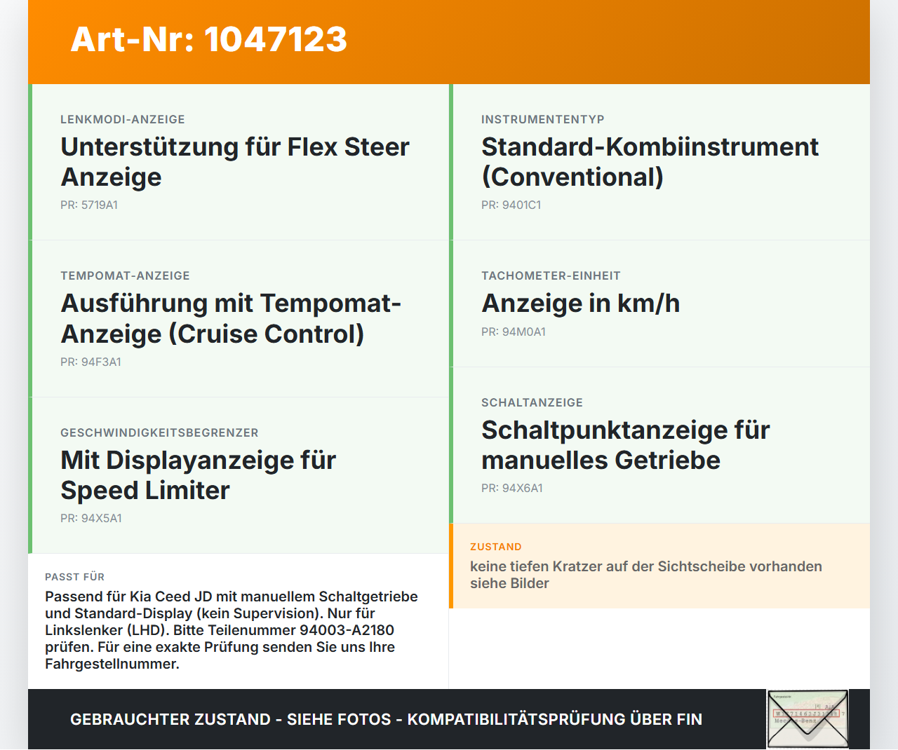 Kia Ceed JD 12-15 GDI 1,6 99KW Kombiinstrument Tacho Kia Ceed JD 12-15 28.03.2013 94003-A2180 A2C80402500 gebraucht Vorschau 3