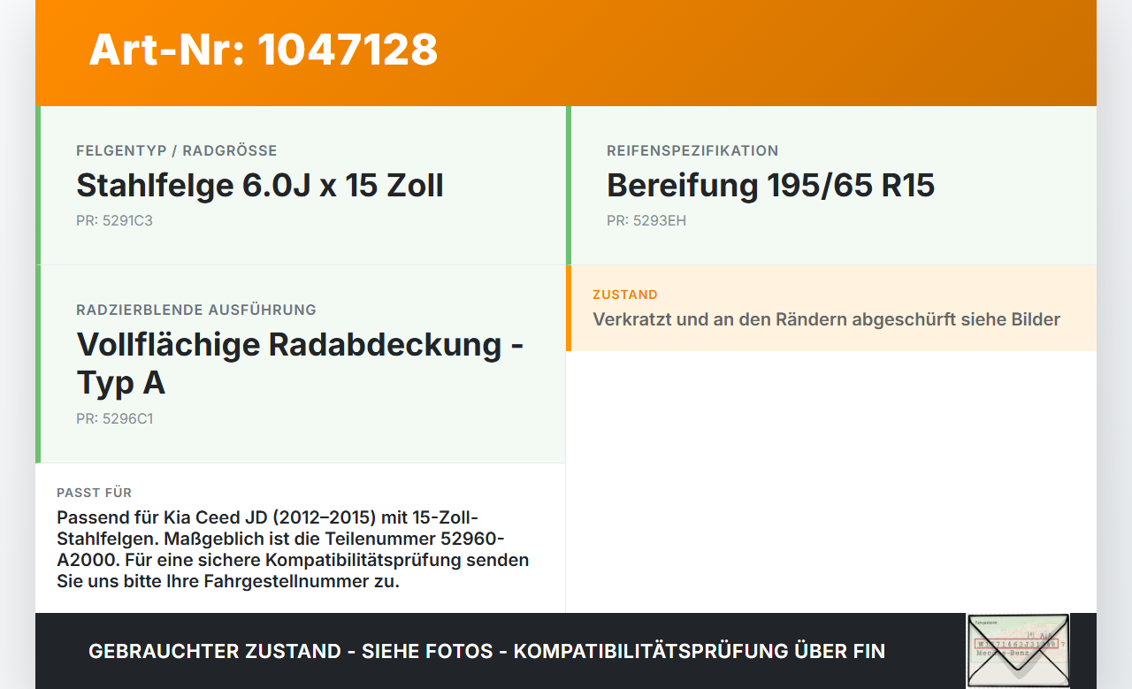 Kia Ceed JD 12-15 vier Radkappen Radzierblende 6J 15 Zoll Kia Ceed JD 12-15 28.03.2013 2960-A2000 gebraucht Vorschau 3