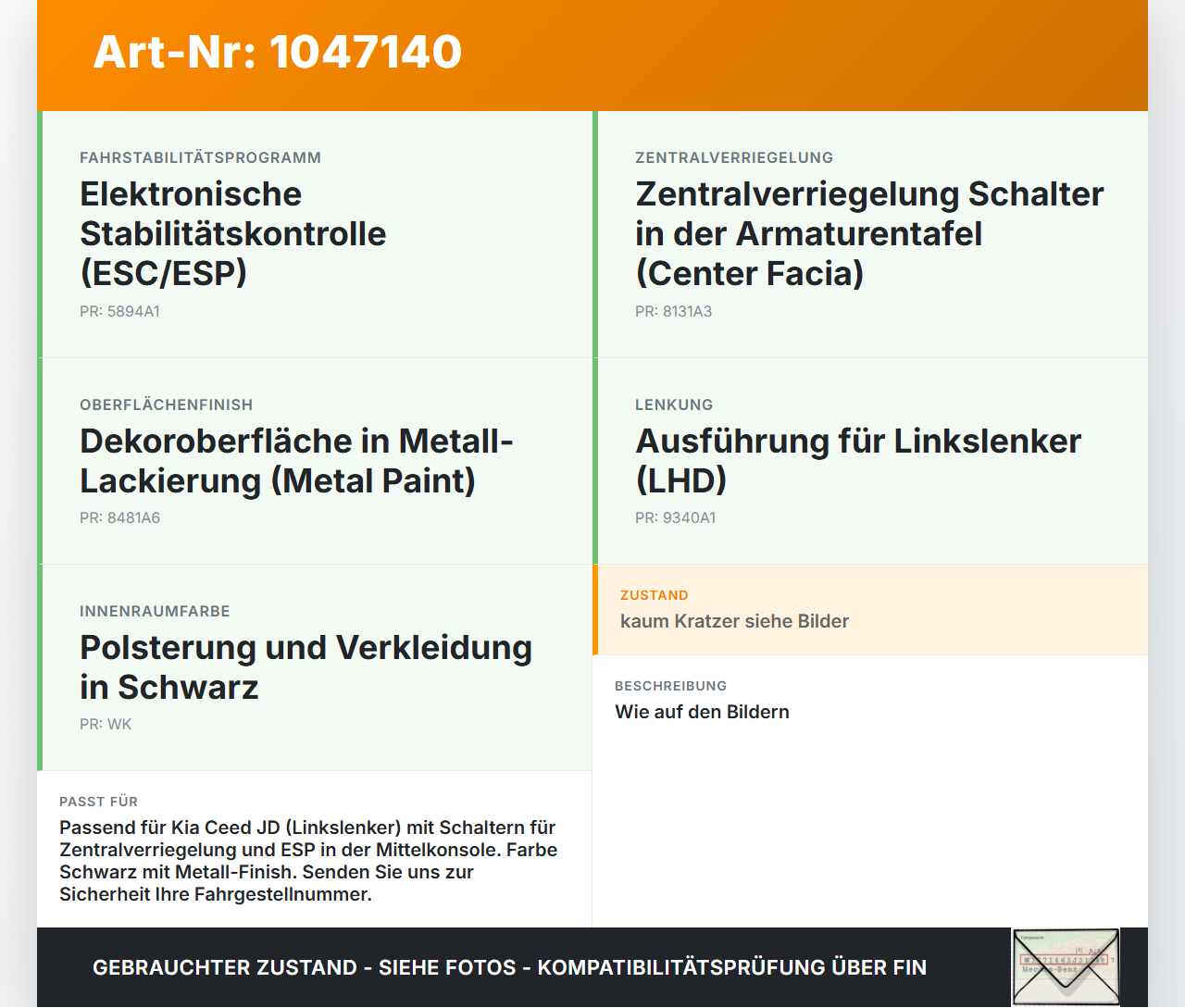 Kia Ceed JD 12-15 Blende mit Schaltern ZV ESP Off Kia Ceed JD 12-15 28.03.2013 93700-A2020 49D1A2-1000 gebraucht Vorschau 3