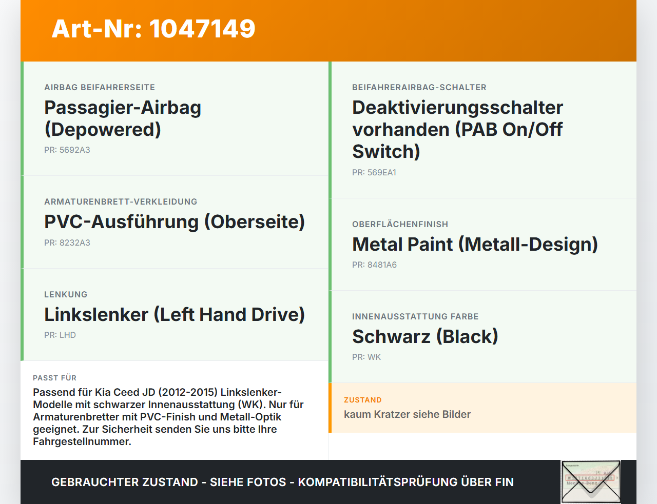 Kia Ceed JD 12-15 Blende für Armaturenbrett Abdeckung SRS Airbag Kia Ceed JD 12-15 28.03.2013 94510-A2000WK... Vorschau 3