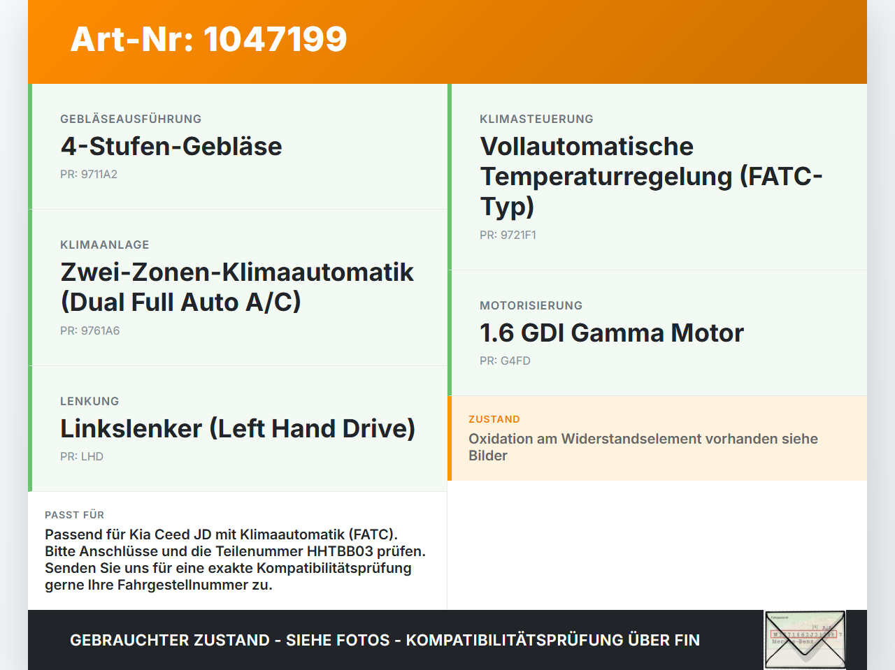 Kia Ceed JD 12-15 Widerstand Gebläse Lüfter Kia Ceed JD 12-15 28.03.2013 HHTBB03 gebraucht Vorschau 3