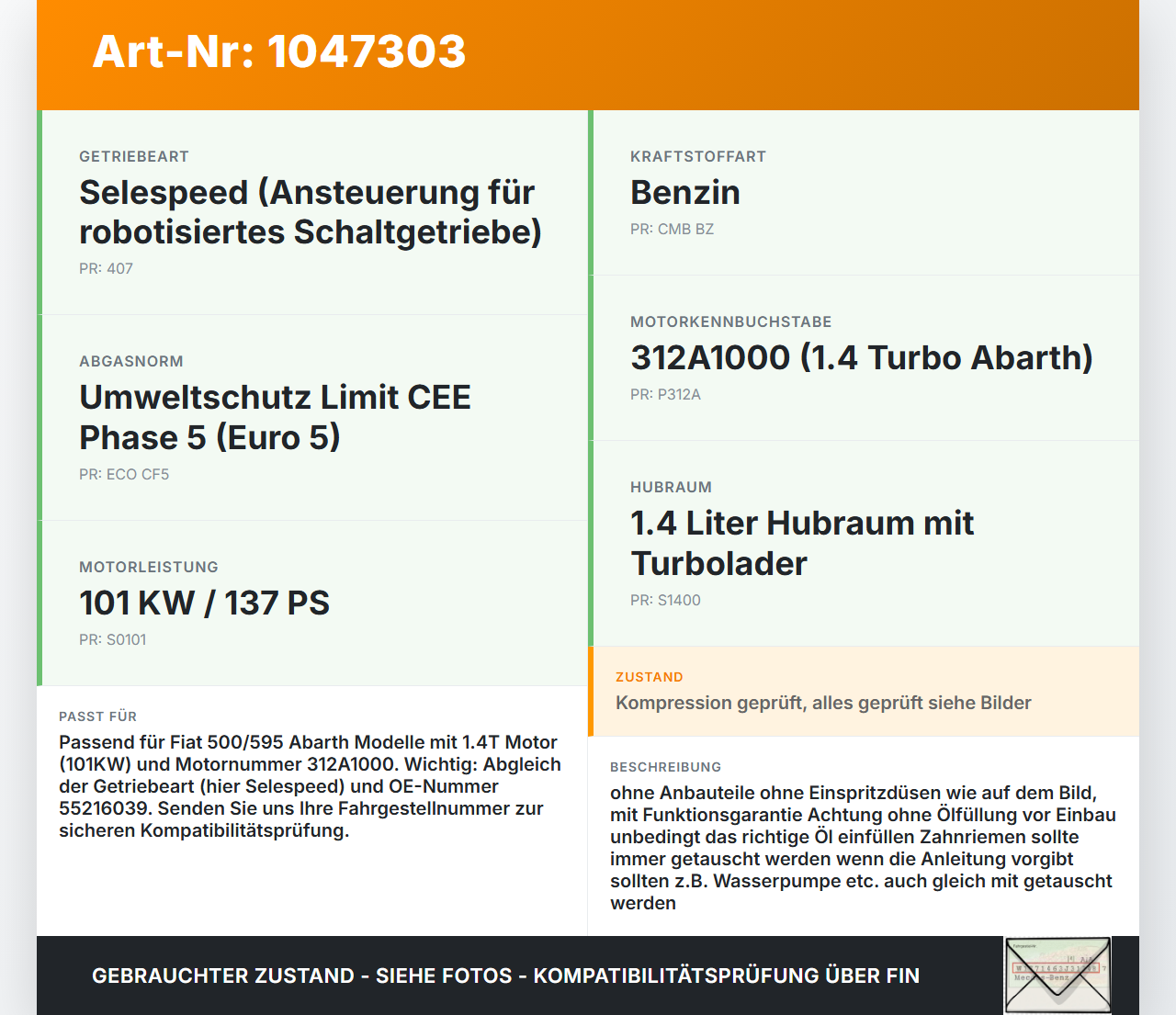 Fiat 500 595 Abarth 12-24 1,4T 101KW 312A1000 Motor Triebwerk Fiat 500 595 Abarth 12-24 26.11.2011 00552153130... Vorschau 3