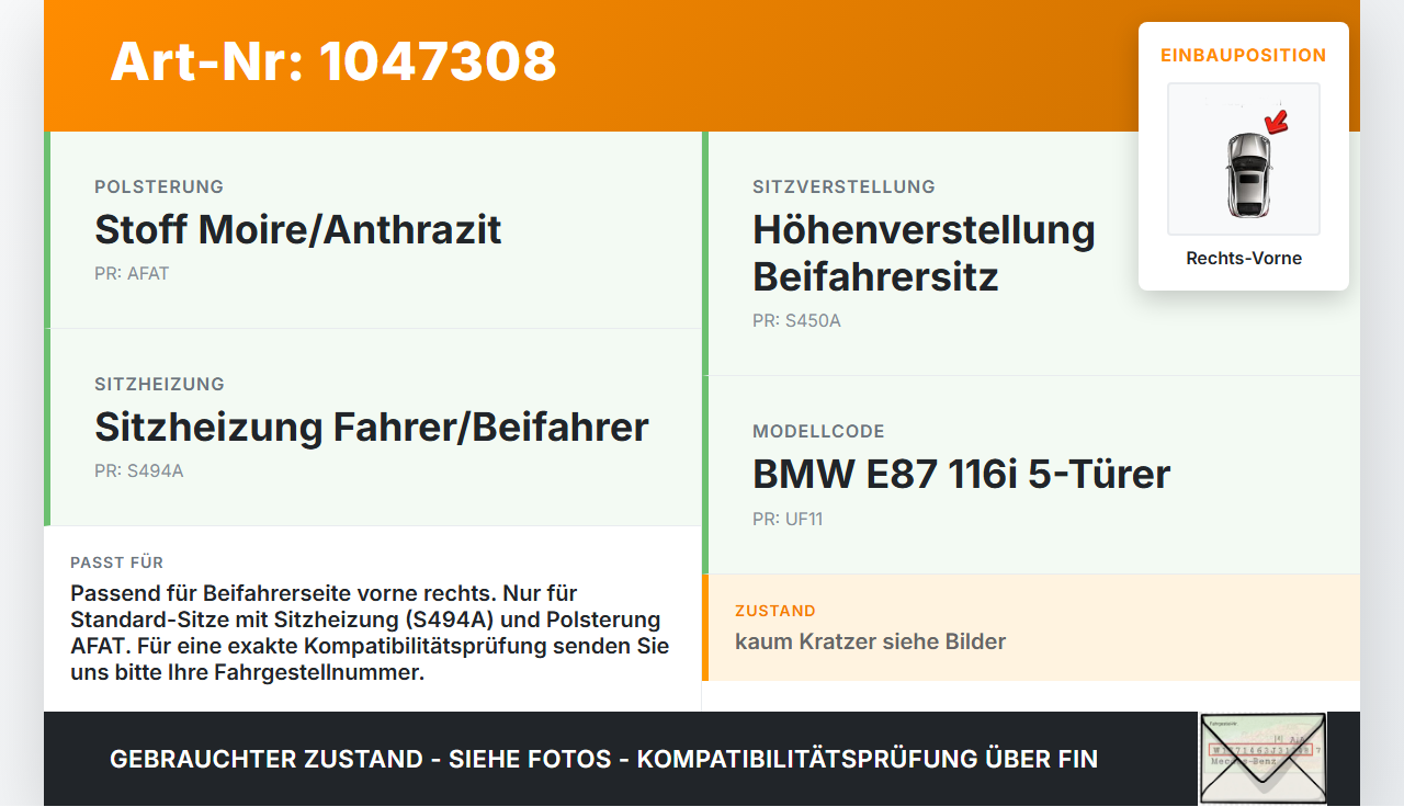 BMW E87 1er 116i 04-07 5T Sitzpolster für Beifahrersitz Rechts Vorne beheizt BMW E87 1er 116i 04-07 28.09.2005 gebraucht Vorschau 3