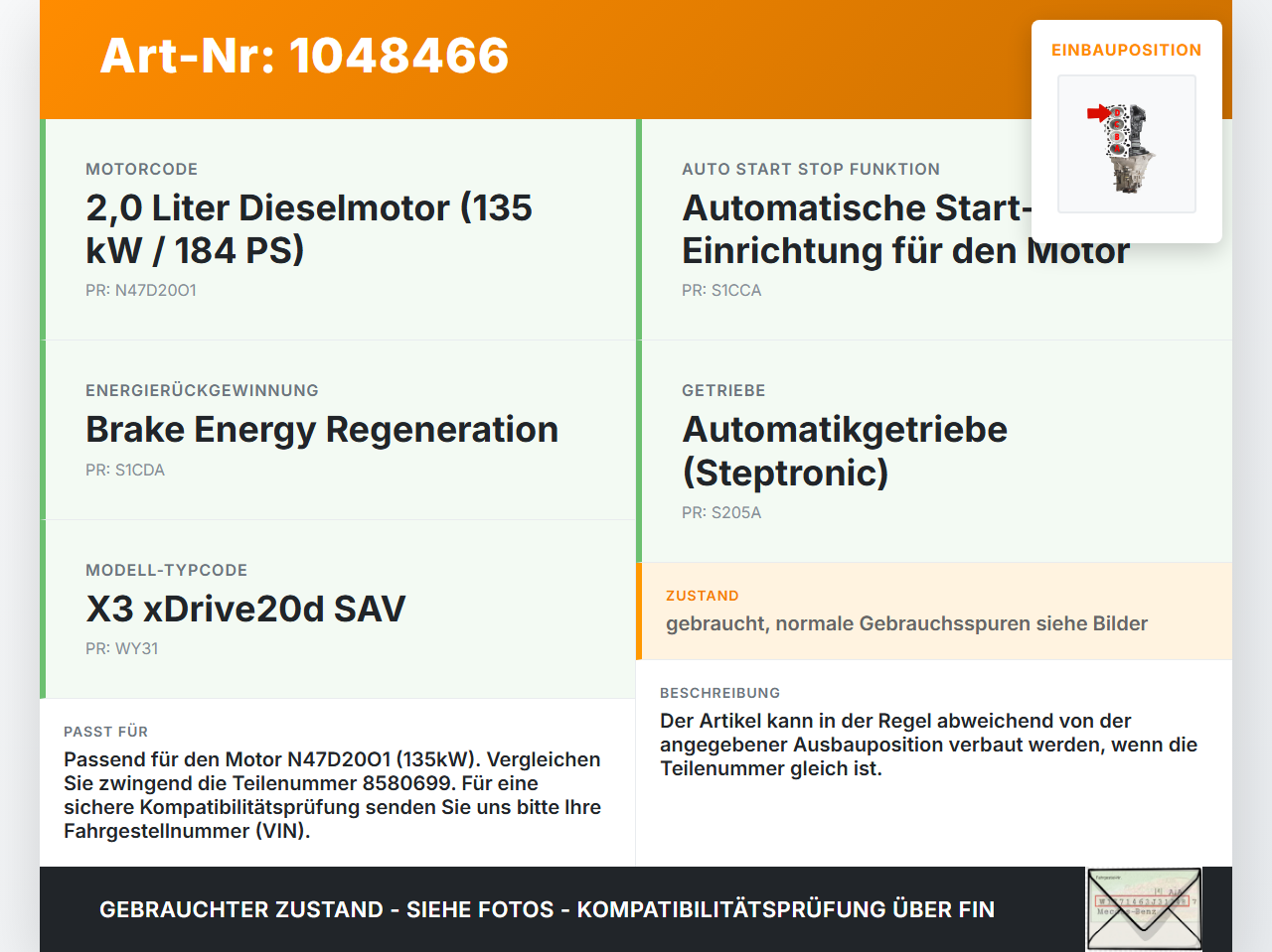 BMW X3 F25 10-14 2,0 135KW N47D20O1 Kolben mit Pleuel Pos D BMW X3 F25 10-14 20.03.2012 1125-8580699 8580699 gebraucht Vorschau 3