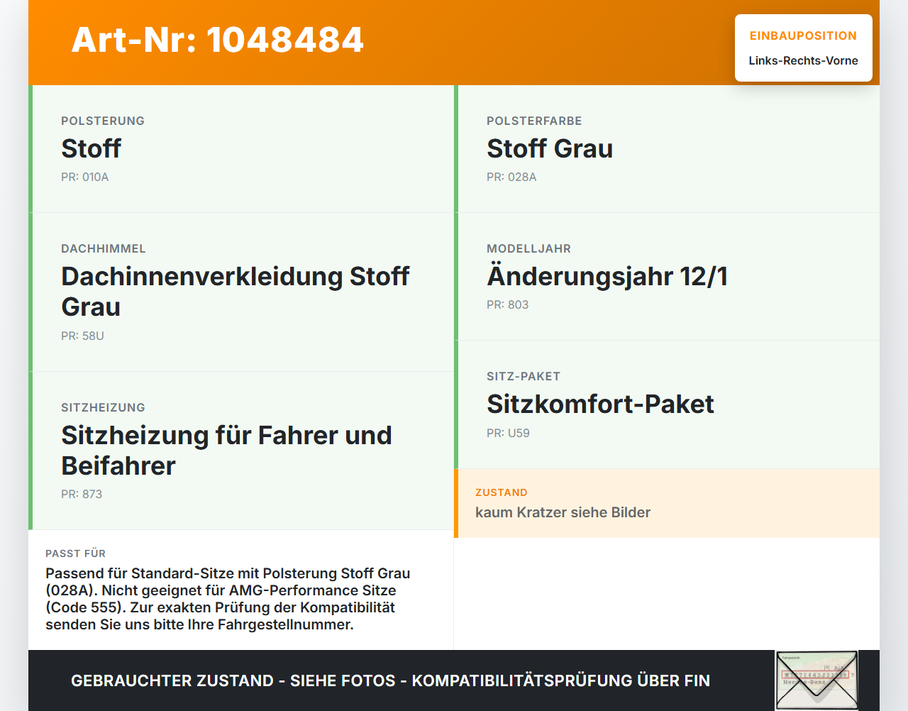 Mercedes W176 A200 12-15 Lim Kopfstütze für Beifahrer Sitz Rechts oder Links Vorne Mercedes W176 A200 12-15... Vorschau 3
