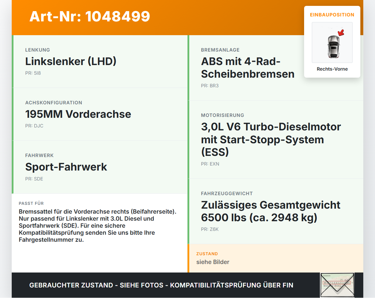 Jeep Grand Cherokee WK2 13-17 3,0d 184KW Bremssattel Bremszange Vorne Rechts Jeep Grand Cherokee WK2 13-17... Vorschau 3
