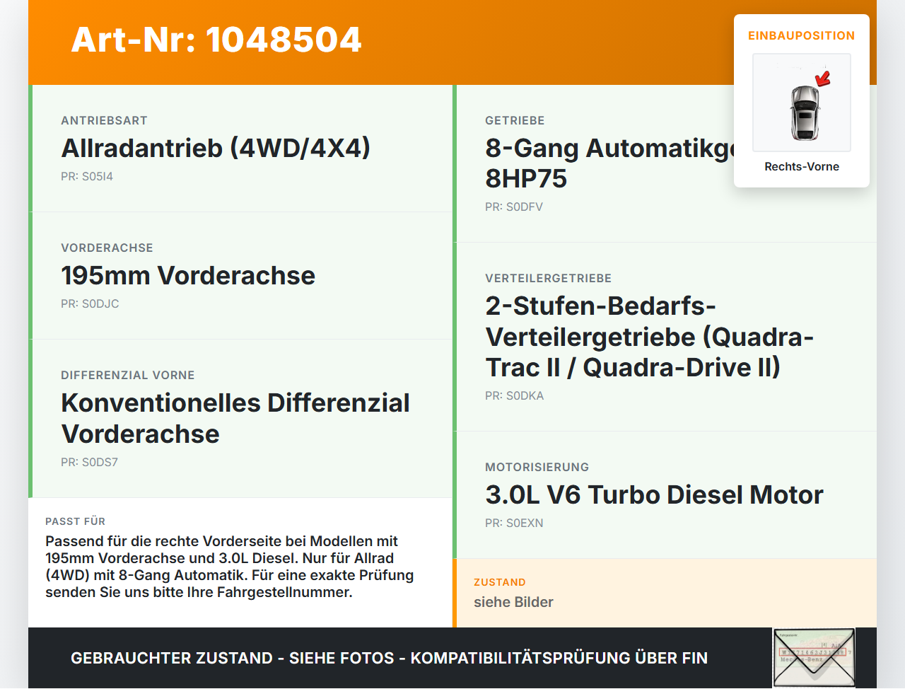 Jeep Grand Cherokee WK2 13-17 3,0d  Autom 4WD Antriebswelle Gelenkwelle Rechts Vorne Jeep Grand Cherokee WK2 13-17... Vorschau 3