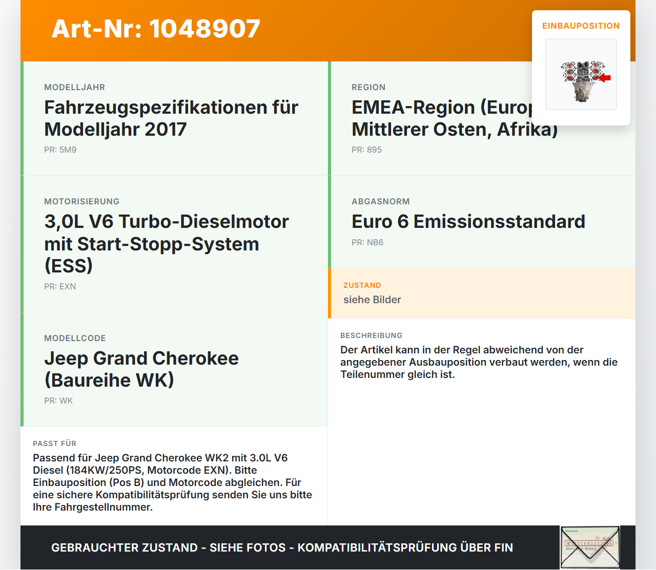 Jeep Grand Cherokee WK2 13-17 3,0d 184KW EXN Kolben mit Pleuel Pos B Jeep Grand Cherokee WK2 13-17 24.02.2017... Vorschau 3