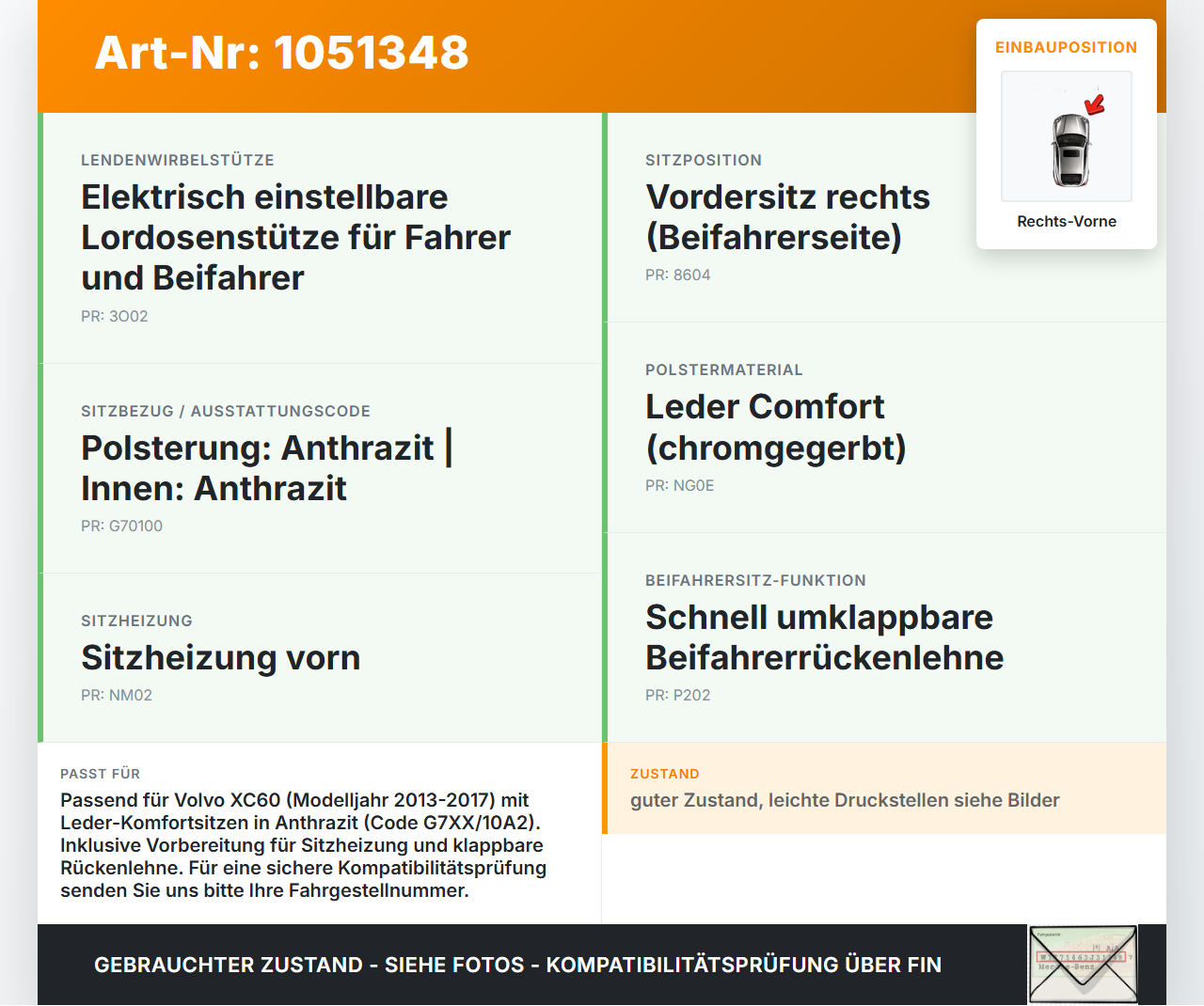 Volvo XC60 156 13-17 Sitzbezug Sitzpolster für Beifahrersitz Rechts Vorne Volvo XC60 156 13-17 23.11.2016 31435365... Vorschau 3