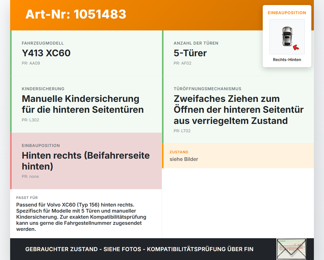 Volvo XC60 156 13-17 Türfangband Türbremse Türanschlag Rechts Hinten Volvo XC60 156 13-17 23.11.2016 31298467 gebraucht Vorschau 3
