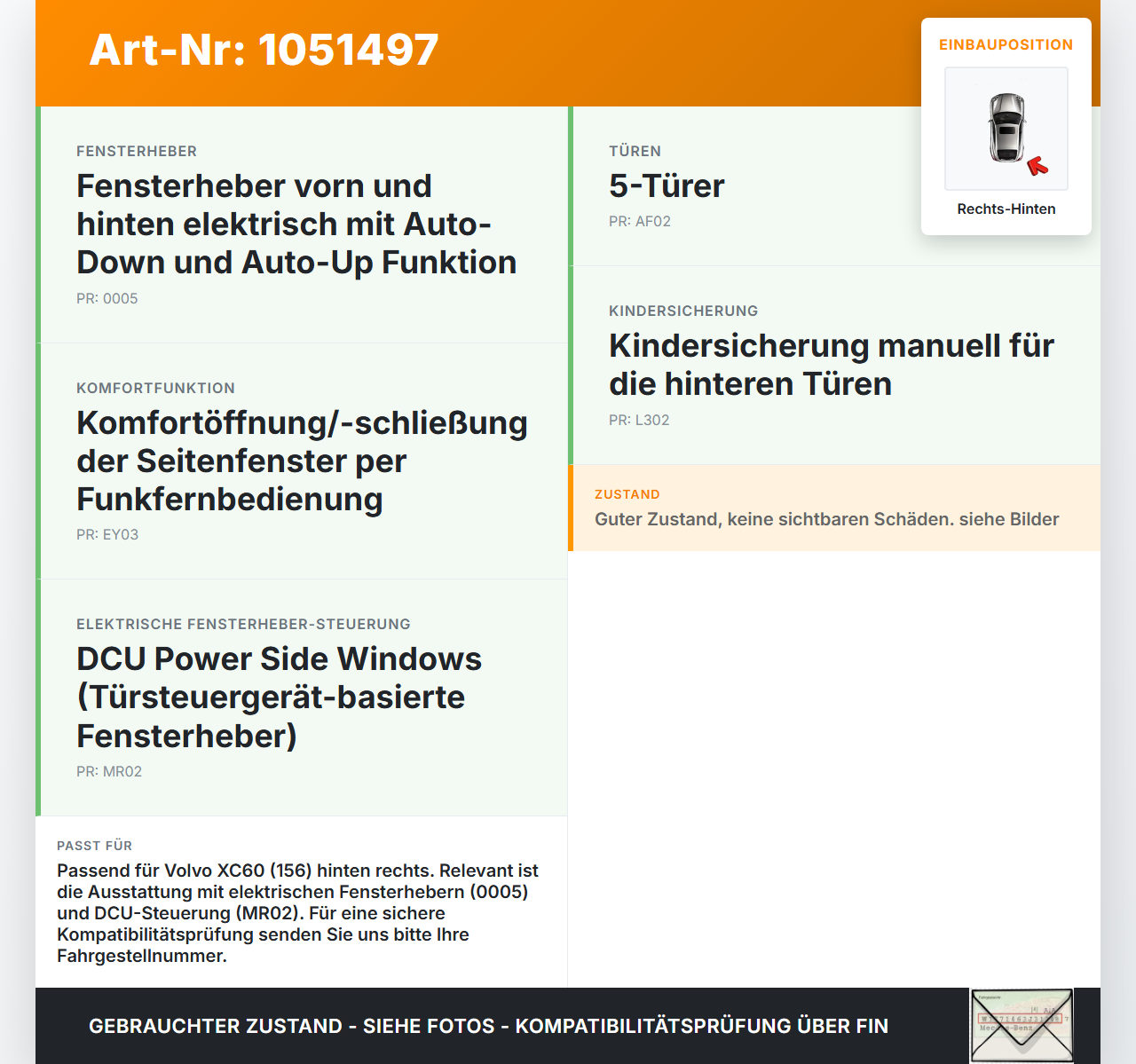 Volvo XC60 156 13-17 Fensterhebermotor Rechts Hinten Volvo XC60 156 13-17 23.11.2016 31253064 966265-102 WR12-719... Vorschau 3