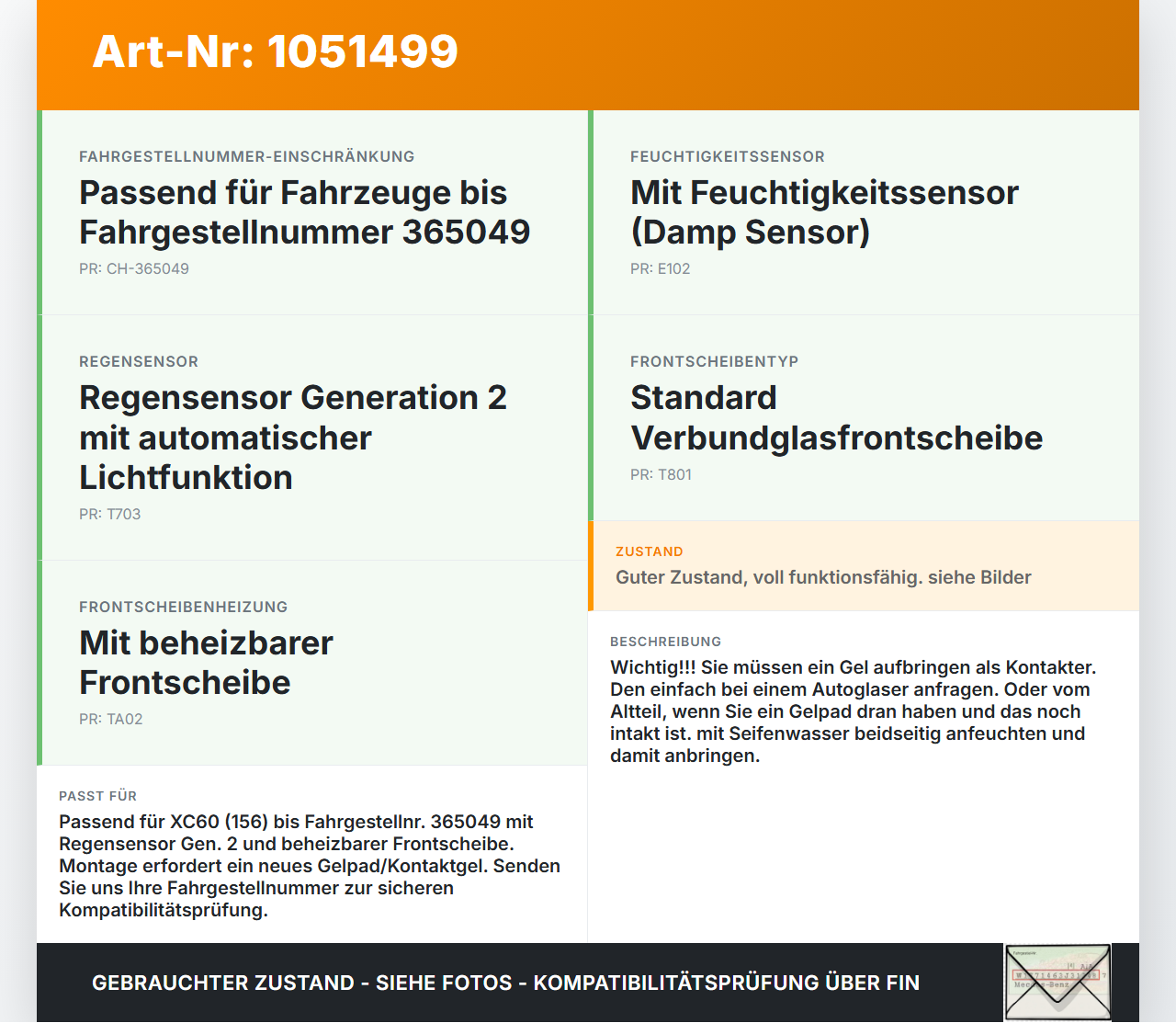 Volvo XC60 156 13-17 Regensensor Volvo XC60 156 13-17 23.11.2016 31214359 31387310 gebraucht Vorschau 3