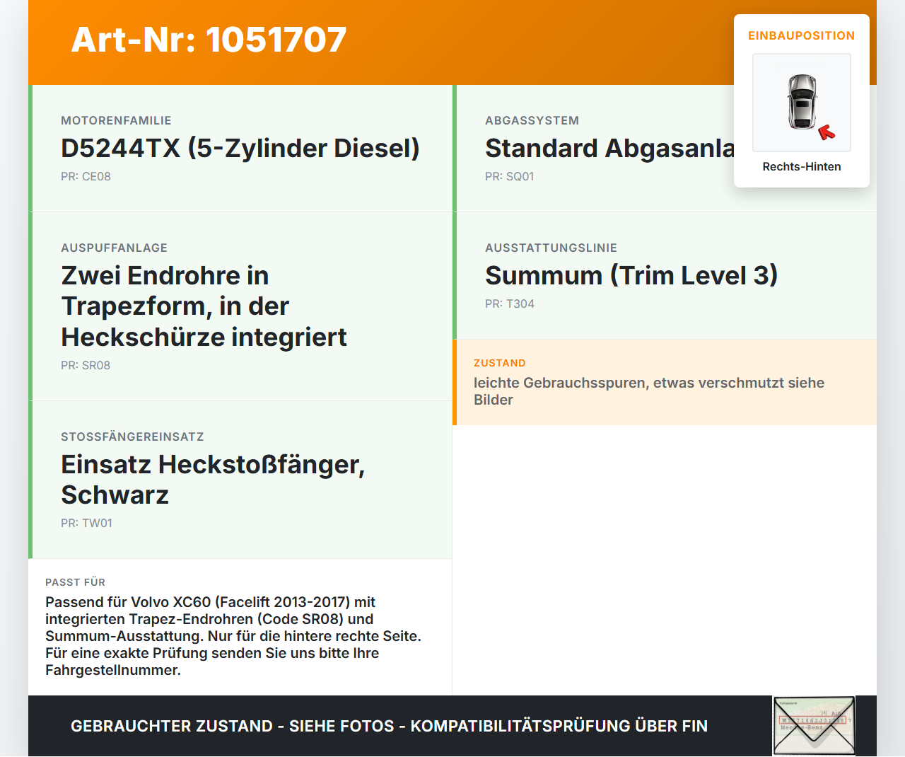 Volvo XC60 156 13-17 2,4 140KW Auspuffblende Chrom Endrohr hinten rechts Volvo XC60 156 13-17 23.11.2016 31425019... Vorschau 3